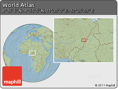 Savanna Style Location Map of the Area around 8° 33' 36" N, 11° 58' 29" E, hill shading