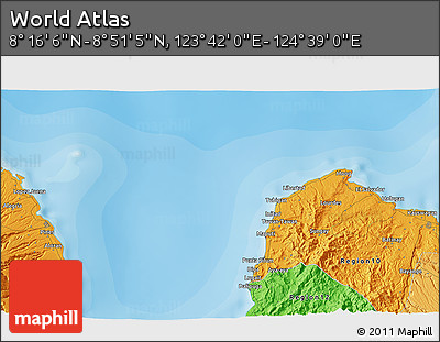 Political 3D Map of the Area around 8° 33' 36" N, 124° 10' 30" E