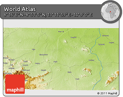 Physical 3D Map of the Area around 8° 33' 36" N, 13° 40' 30" E