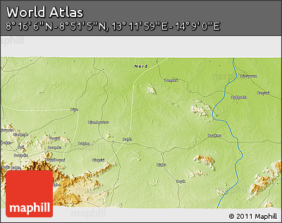 Physical 3D Map of the Area around 8° 33' 36" N, 13° 40' 30" E