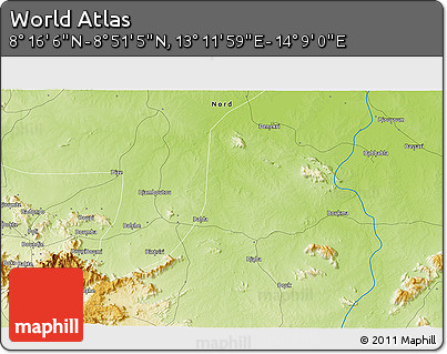 Physical 3D Map of the Area around 8° 33' 36" N, 13° 40' 30" E