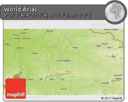Physical 3D Map of the Area around 8° 33' 36" N, 14° 31' 30" E