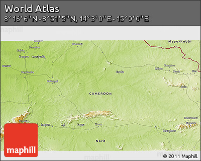 Physical 3D Map of the Area around 8° 33' 36" N, 14° 31' 30" E