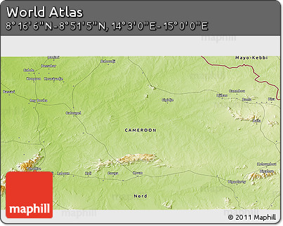 Physical 3D Map of the Area around 8° 33' 36" N, 14° 31' 30" E