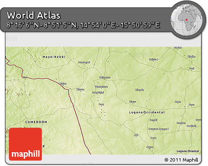 Physical 3D Map of the Area around 8° 33' 36" N, 15° 22' 30" E