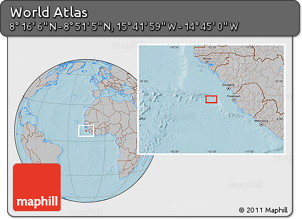 Gray Location Map of the Area around 8° 33' 36" N, 15° 13' 29" W, hill shading
