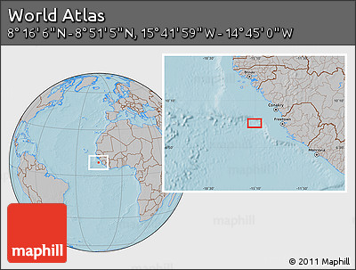Gray Location Map of the Area around 8° 33' 36" N, 15° 13' 29" W, hill shading
