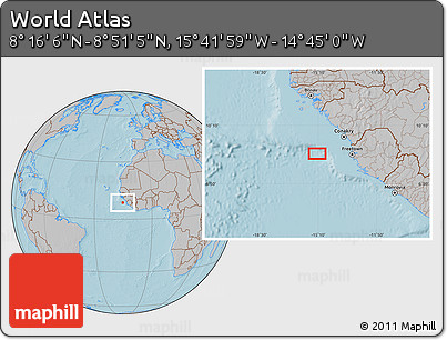 Gray Location Map of the Area around 8° 33' 36" N, 15° 13' 29" W, hill shading