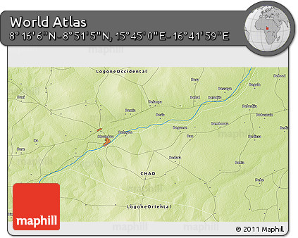 Physical 3D Map of the Area around 8° 33' 36" N, 16° 13' 30" E