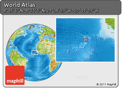 Physical Location Map of the Area around 8° 33' 36" N, 21° 10' 29" W