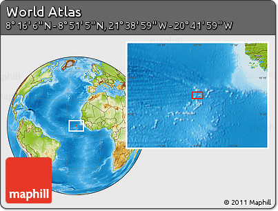 Physical Location Map of the Area around 8° 33' 36" N, 21° 10' 29" W