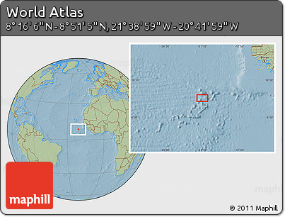 Savanna Style Location Map of the Area around 8° 33' 36" N, 21° 10' 29" W, hill shading