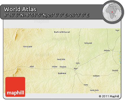 Physical 3D Map of the Area around 8° 33' 36" N, 25° 34' 30" E