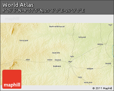 Physical 3D Map of the Area around 8° 33' 36" N, 25° 34' 30" E