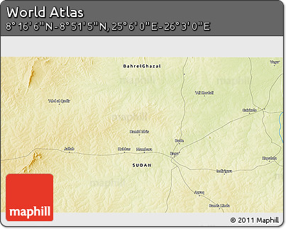 Physical 3D Map of the Area around 8° 33' 36" N, 25° 34' 30" E