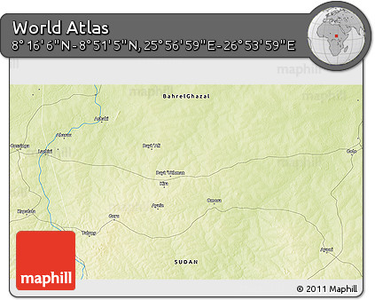 Physical 3D Map of the Area around 8° 33' 36" N, 26° 25' 29" E