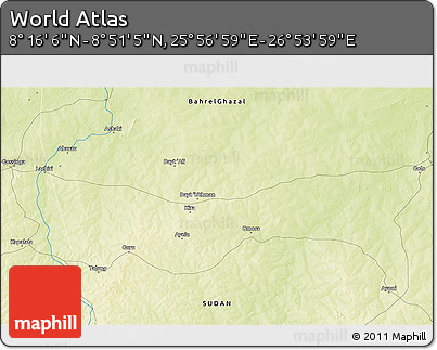 Physical 3D Map of the Area around 8° 33' 36" N, 26° 25' 29" E