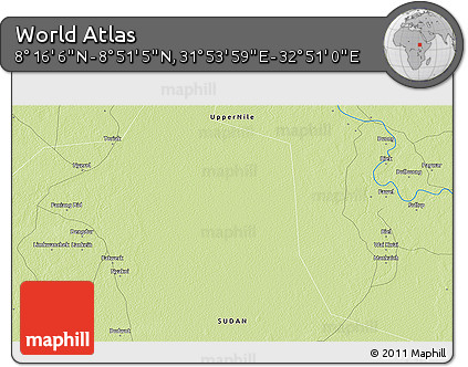 Physical 3D Map of the Area around 8° 33' 36" N, 32° 22' 30" E