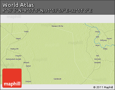 Physical 3D Map of the Area around 8° 33' 36" N, 32° 22' 30" E