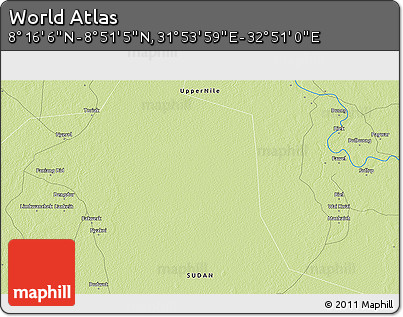 Physical 3D Map of the Area around 8° 33' 36" N, 32° 22' 30" E