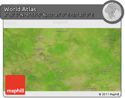 Satellite 3D Map of the Area around 8° 33' 36" N, 33° 13' 30" E