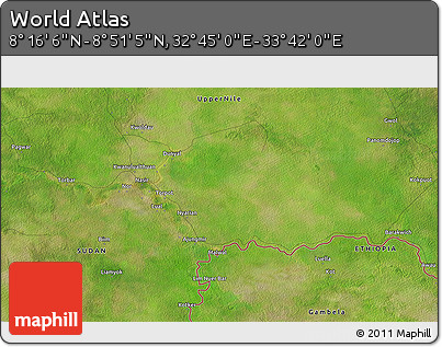 Satellite 3D Map of the Area around 8° 33' 36" N, 33° 13' 30" E