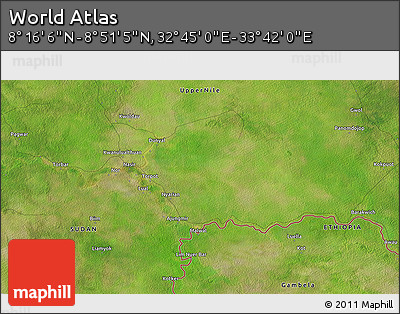 Satellite 3D Map of the Area around 8° 33' 36" N, 33° 13' 30" E