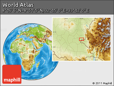 Physical Location Map of the Area around 8° 33' 36" N, 33° 13' 30" E
