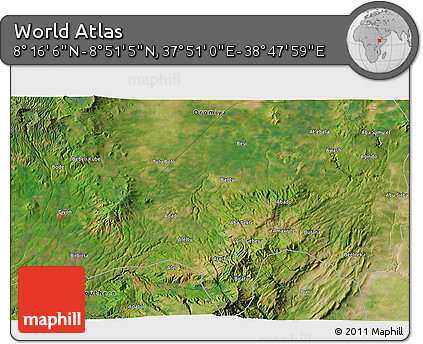 Satellite 3D Map of the Area around 8° 33' 36" N, 38° 19' 30" E