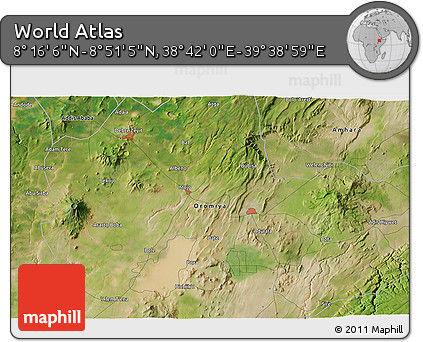 Satellite 3D Map of the Area around 8° 33' 36" N, 39° 10' 29" E