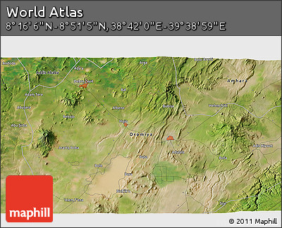 Satellite 3D Map of the Area around 8° 33' 36" N, 39° 10' 29" E