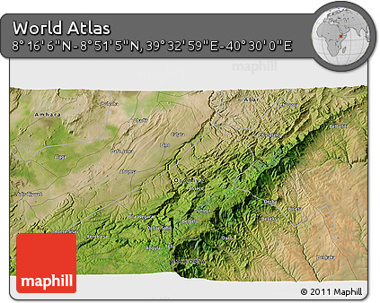 Satellite 3D Map of the Area around 8° 33' 36" N, 40° 1' 29" E