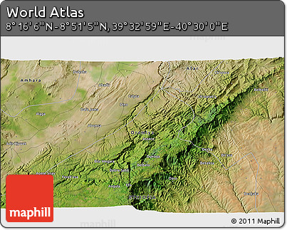 Satellite 3D Map of the Area around 8° 33' 36" N, 40° 1' 29" E