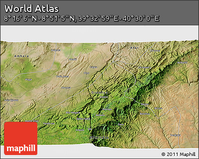 Satellite 3D Map of the Area around 8° 33' 36" N, 40° 1' 29" E