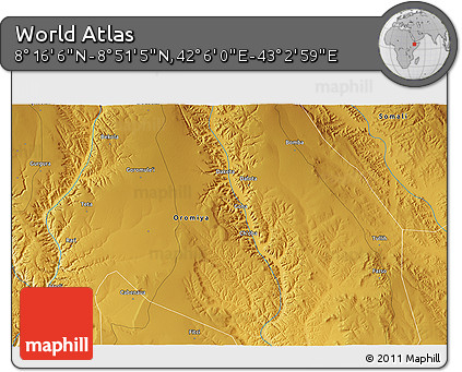 Physical 3D Map of the Area around 8° 33' 36" N, 42° 34' 30" E