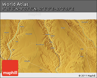 Physical 3D Map of the Area around 8° 33' 36" N, 42° 34' 30" E