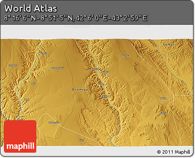 Physical 3D Map of the Area around 8° 33' 36" N, 42° 34' 30" E