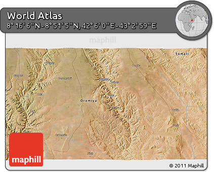 Satellite 3D Map of the Area around 8° 33' 36" N, 42° 34' 30" E