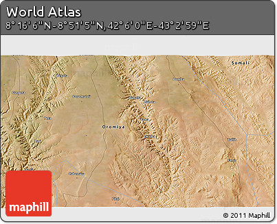 Satellite 3D Map of the Area around 8° 33' 36" N, 42° 34' 30" E