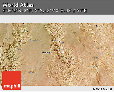 Satellite 3D Map of the Area around 8° 33' 36" N, 42° 34' 30" E