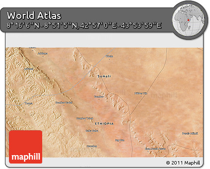 Satellite 3D Map of the Area around 8° 33' 36" N, 43° 25' 29" E