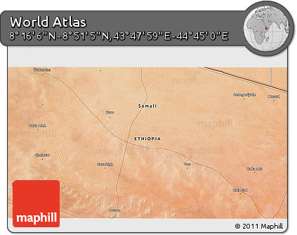 Satellite 3D Map of the Area around 8° 33' 36" N, 44° 16' 29" E