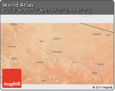 Satellite 3D Map of the Area around 8° 33' 36" N, 44° 16' 29" E