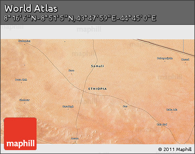 Satellite 3D Map of the Area around 8° 33' 36" N, 44° 16' 29" E