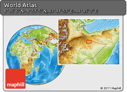 Physical Location Map of the Area around 8° 33' 36" N, 44° 16' 29" E