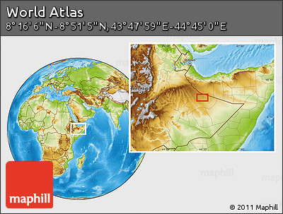 Physical Location Map of the Area around 8° 33' 36" N, 44° 16' 29" E