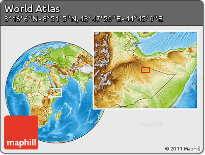 Physical Location Map of the Area around 8° 33' 36" N, 44° 16' 29" E