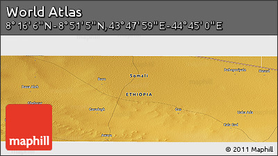 Physical Panoramic Map of the Area around 8° 33' 36" N, 44° 16' 29" E