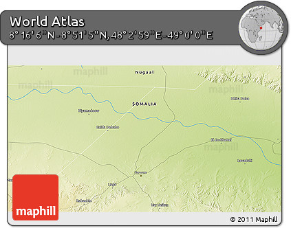 Physical 3D Map of the Area around 8° 33' 36" N, 48° 31' 29" E