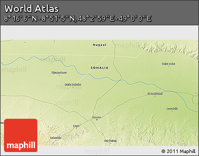 Physical 3D Map of the Area around 8° 33' 36" N, 48° 31' 29" E